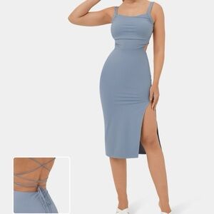 Halara Ruched Backless Crisscross Lace Up Split Bodycon Midi Dress Pale Blue NWT